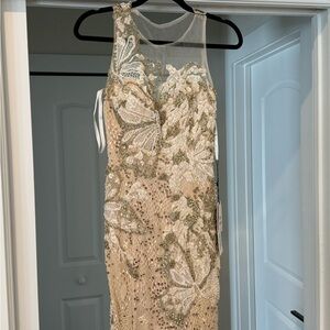 Jovani Tan and Cream Sequin Halter Sheath Dress